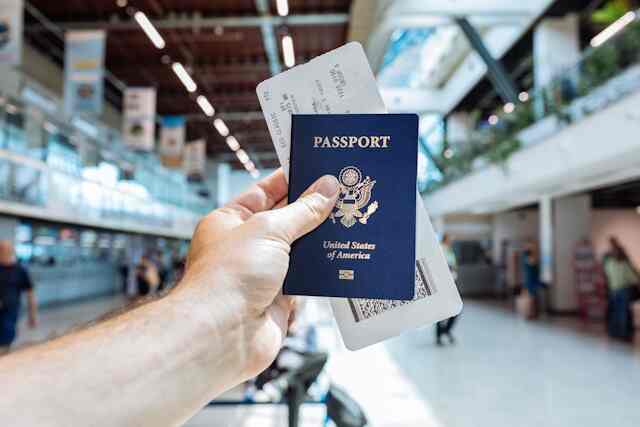 Passport, visa documentation and world map layout